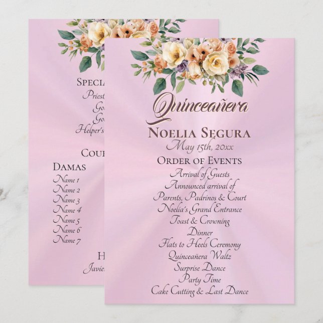 Cream Floral Quinceanera Program - Pastel Pink Programm (Vorne/Hinten)