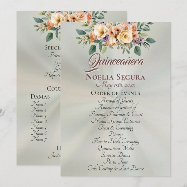 Cream Floral Quinceanera Program - Pastel Sage Programm (Vorne/Hinten)