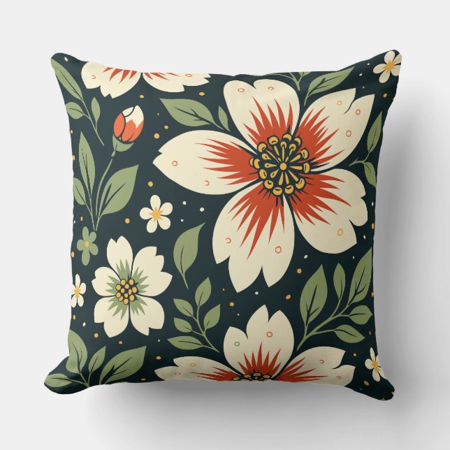 Cream Flowers with Red Centers & Green Leaves Kissen (Vorderseite)