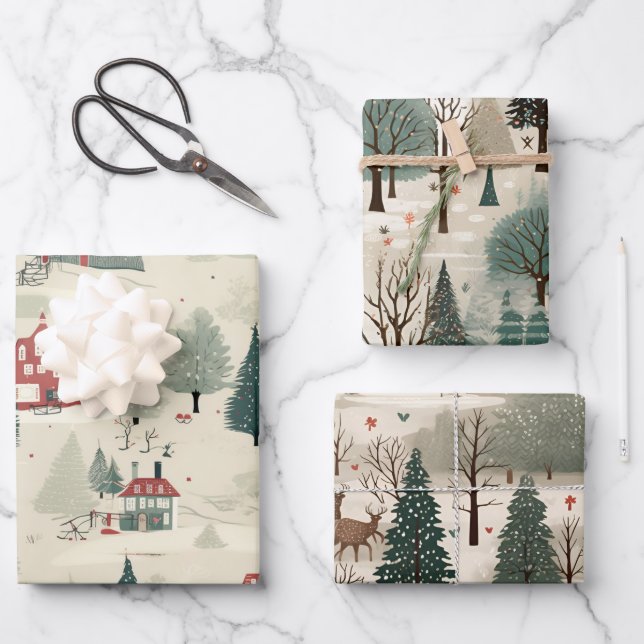 Cream Forest Winter Geschenkpapier Set (Vorderseite)