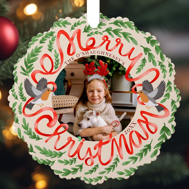 Cream Frohe Weihnachts Folk Foliage Wreath Foto Ornament Karte (Von Creator hochgeladen)