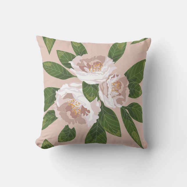 Cream Garden Harmony: Kamelien und Grünanlagen Kissen (Vorderseite)