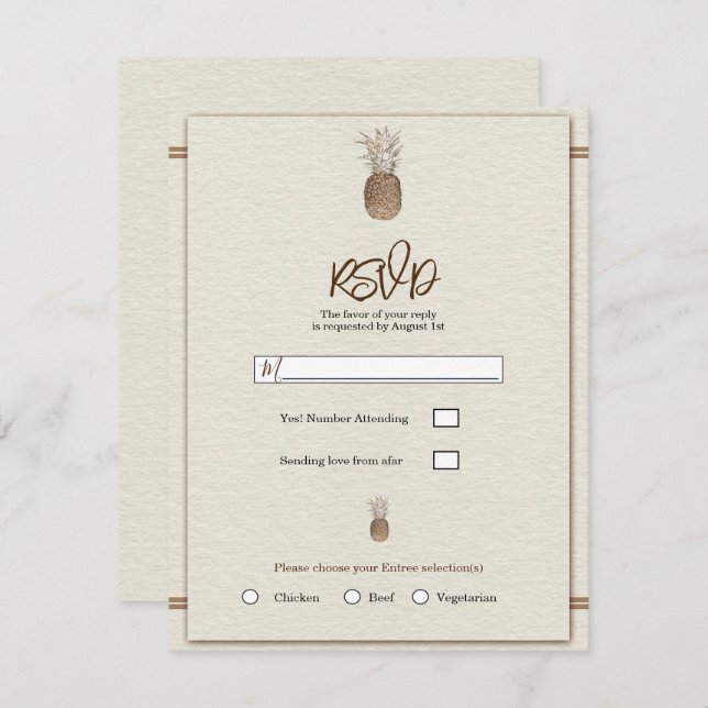 Cream Gold Brown Ananas Minimal Wedding RSVP Einladung (Vorne/Hinten)