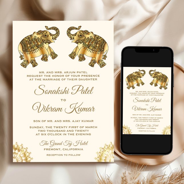 Cream Gold Ethnic Elephants Indian Wedding Einladung (Von Creator hochgeladen)