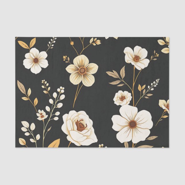 Cream Gold Floral Black Pattern Seidenpapier (Vorderseite)