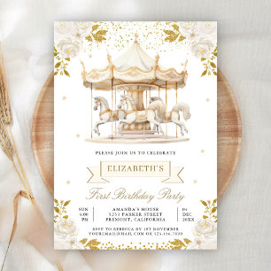 Cream Gold Floral Carousel Erster Geburtstag Party Einladung