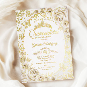 Cream Gold Floral Quinceañera Folieneinladung