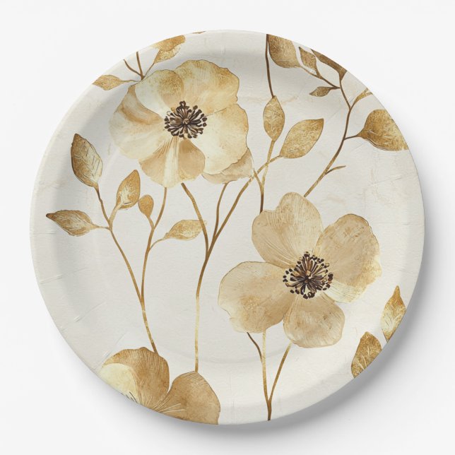 Cream Gold Floral Wedding Pappteller (Vorderseite)