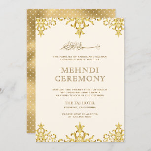 Cream Gold Foil Damask Islamic Wedding Mehndi Einladung