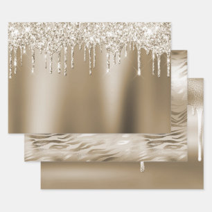 Cream Gold Glitz Glitzer Ice Creme Tropfen Geburts Geschenkpapier Set
