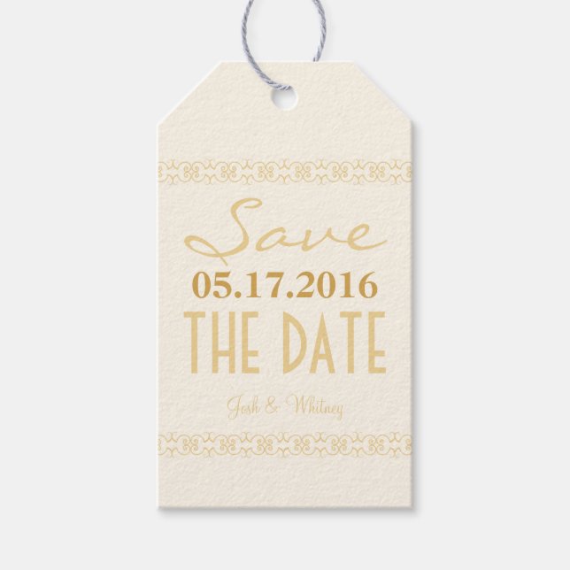 Cream Gold Ivory Moderne Save the Date Hochzeitsta Geschenkanhänger (Vorderseite)