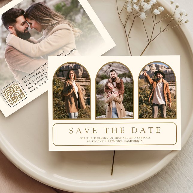Cream Gold Minimaler Bogen Foto QR Code Hochzeit Save The Date (Von Creator hochgeladen)
