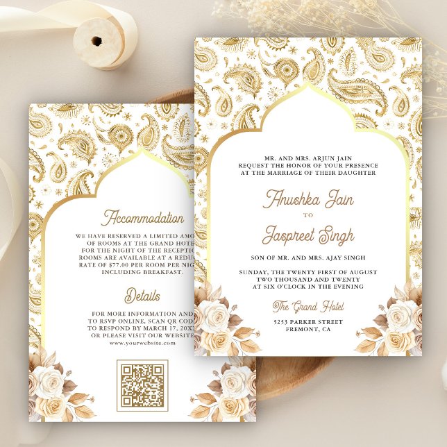 Cream Gold Paisley Floral QR Code Indian Wedding Einladung (Von Creator hochgeladen)