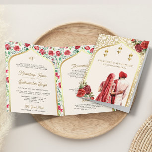 Cream Gold Rote Rosen Alles in Einem Sikh-Hochzeit Einladung