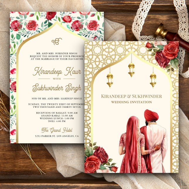 Cream Gold Rote Rosen Anand Karaj Sikh Wedding Einladung (Von Creator hochgeladen)