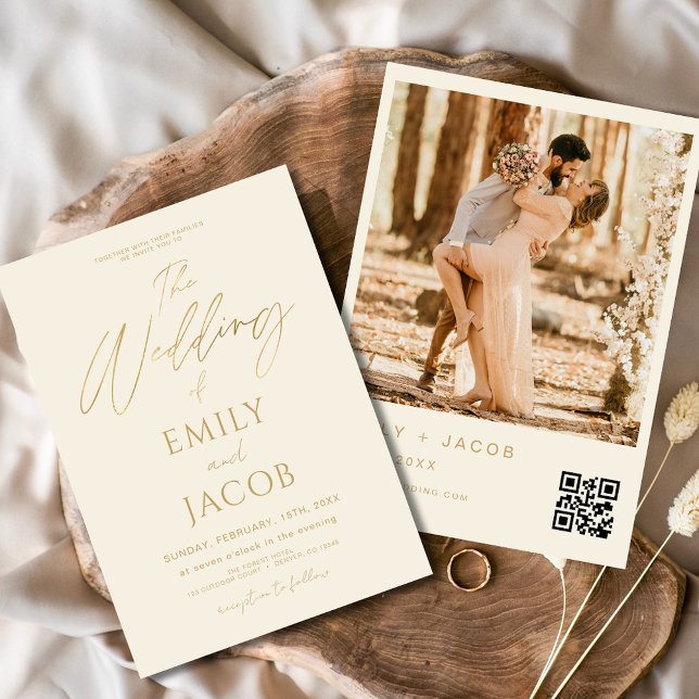 Cream Gold Wedding QR Code Foto Script Einladung (Von Creator hochgeladen)