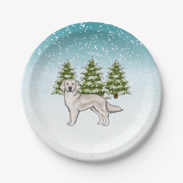 Cream Golden Retriever Dog Blauer Winter Weihnacht Pappteller (Vorderseite)