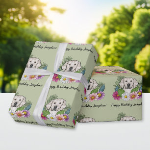 Cream Golden Retriever Floral Happy Geburtstag Grü Geschenkpapier