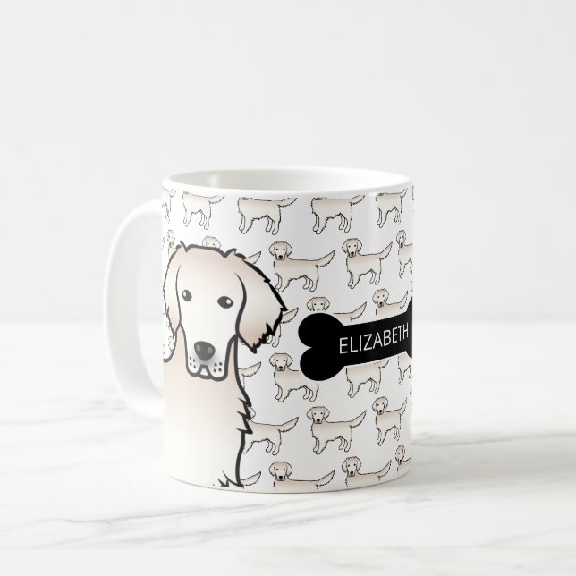 Cream Golden Retriever Hund mit Dog Bone & Name Kaffeetasse (Vorderseite Links)