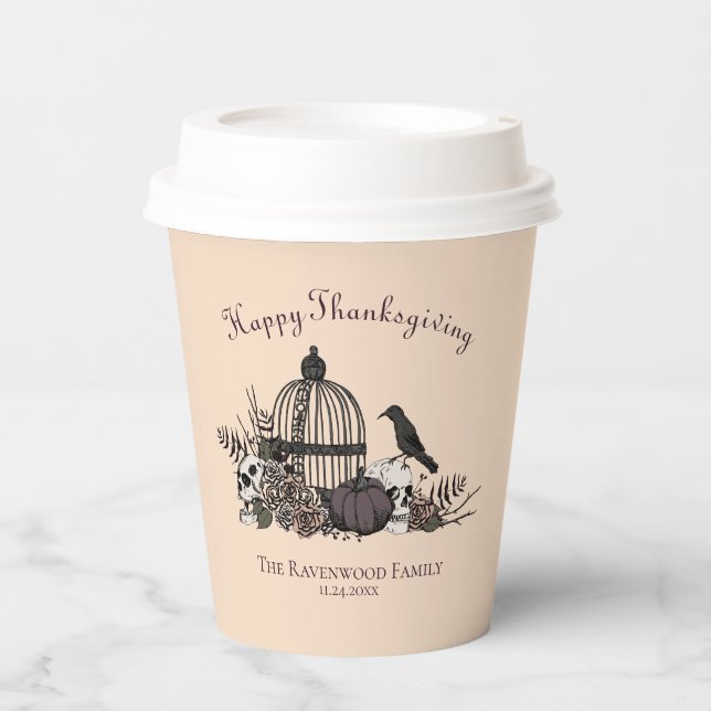 Cream Gothic Skulls, Pumpkin & Rose Erntedank Pappbecher (Vorderseite)