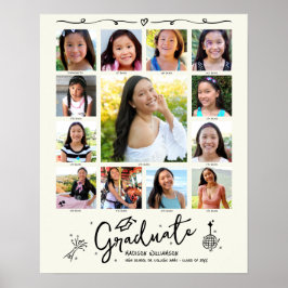 Cream Graduation K–12 Photo Collage Black Doodles Poster