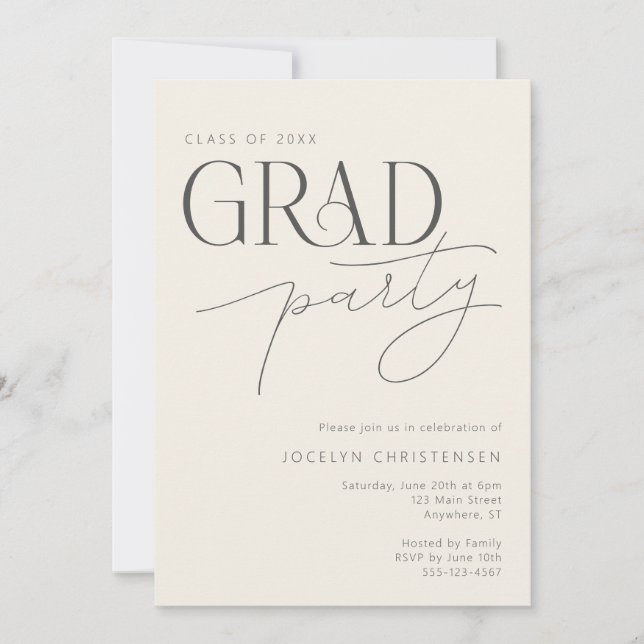 Cream Gray Modern Typography Grad Party Invitation Einladung (Vorderseite)
