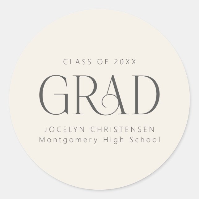 Cream Gray Personalized 2026 Modern Grad Graduate Runder Aufkleber (Vorderseite)