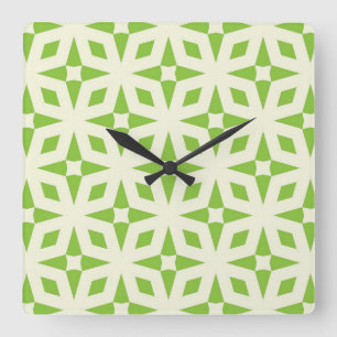 Cream green geometric tile pattern mosaic 70s quadratische wanduhr