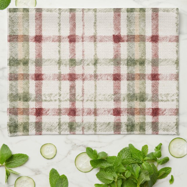 Cream Green Red Plaid Stripes  Geschirrtuch (Gefaltet)