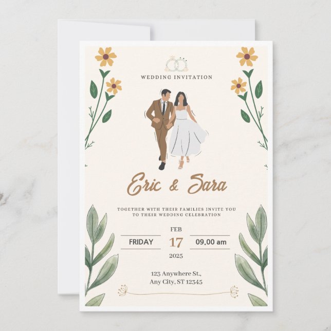 Cream Green Simple Illustriert Wedding Einladung (Vorderseite)