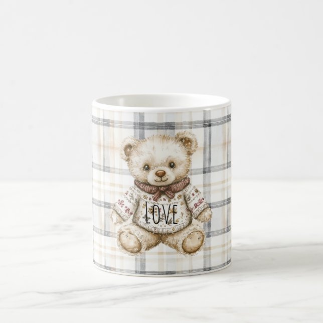 Cream Grey Plaid Stripes Teddy Bear Love Kaffeetasse (Mittel)