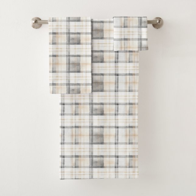 Cream Grey Yellow Plaid Stripes Badhandtuch Set (Insitu)