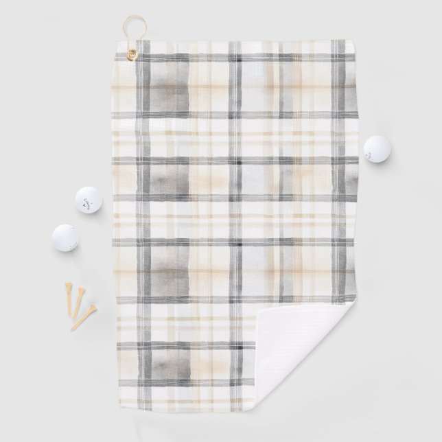 Cream Grey Yellow Plaid Stripes Golfhandtuch (Insitu)