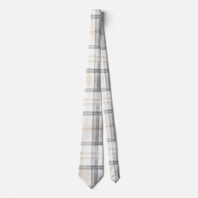 Cream Grey Yellow Plaid Stripes Krawatte (Vorderseite)