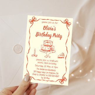 Cream Hand-Drawn Cake & Ribbon Border Birthday Einladung