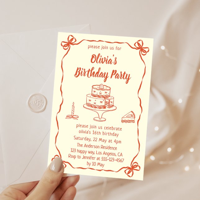 Cream Hand-Drawn Cake & Ribbon Border Birthday  Einladung (Von Creator hochgeladen)