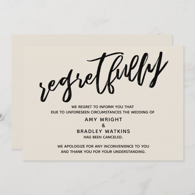 Cream Handwriting Cancellation Wedding Regrets Car Einladung (Vorne/Hinten)