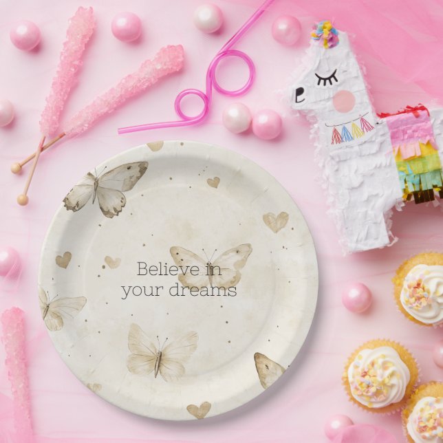Cream Hearts Butterflies Birthday Pappteller (Party)