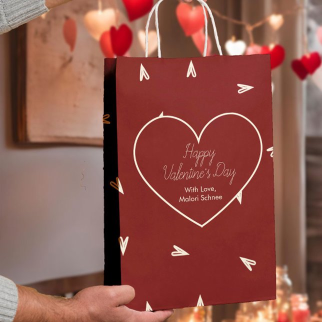 Cream Hearts on Burgundy - Minimal Valentine  Mittlere Geschenktüte (Von Creator hochgeladen)