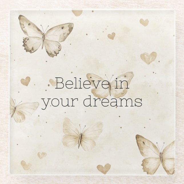 Cream Hearts Schmetterlinge  Glasuntersetzer (Vorderseite)