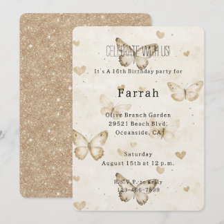 Cream Herzen Schmetterlinge Gold Glitter Geburtsta Einladung