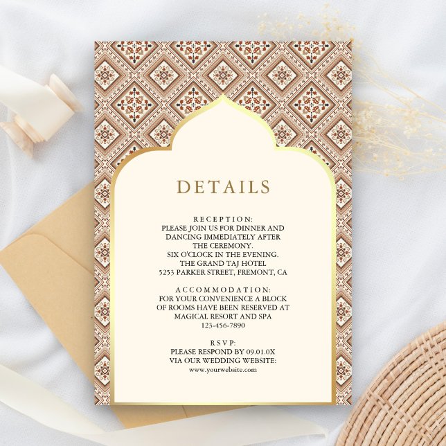 Cream Ivory Gold Geometric Muster Hochzeitdetails Begleitkarte (Von Creator hochgeladen)