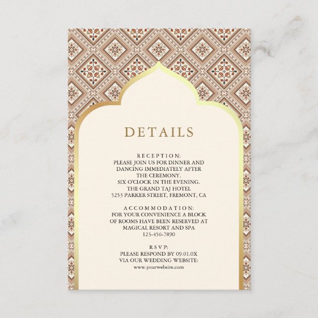 Cream Ivory Gold Geometric Muster Hochzeitdetails Begleitkarte (Vorderseite)