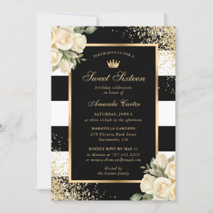 Cream Ivory Rose Black Gold 16 . Geburtstag Geburt Einladung