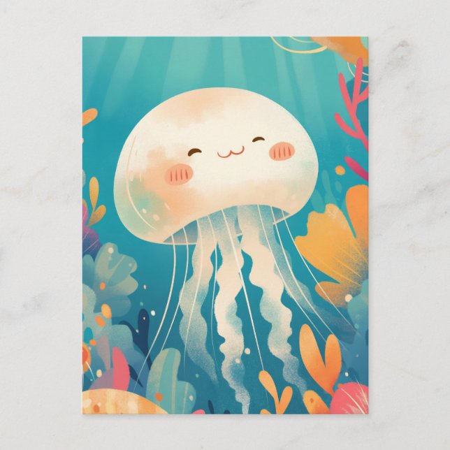 Cream Jellyfish in Teal Tropical Coral Reef Ocean Postkarte (Vorderseite)