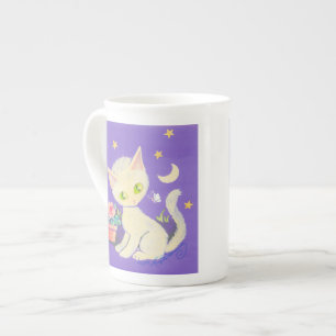 Cream Kitty Katze mit Blumentopf, Mond und Sternen Prozellantasse