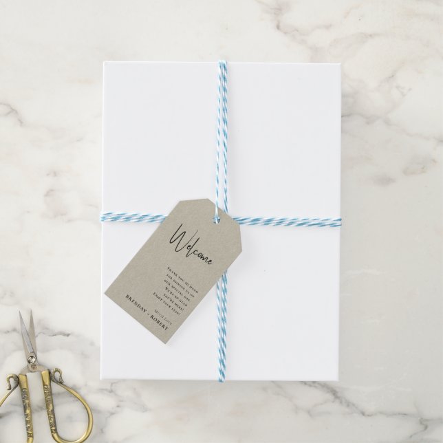 Cream linen Simple Script Begrüßungsgeschenk-Tag Geschenkanhänger (Mit Garn)