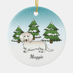 Cream Long Hair Dachshund Süßer Hund - Winterwald Keramik Ornament