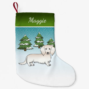 Cream Long Hair Dachshund Süßer Hund - Winterwald Kleiner Weihnachtsstrumpf