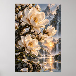 Cream Magnolie Blüten über Sonnenuntergang Wasserf Poster